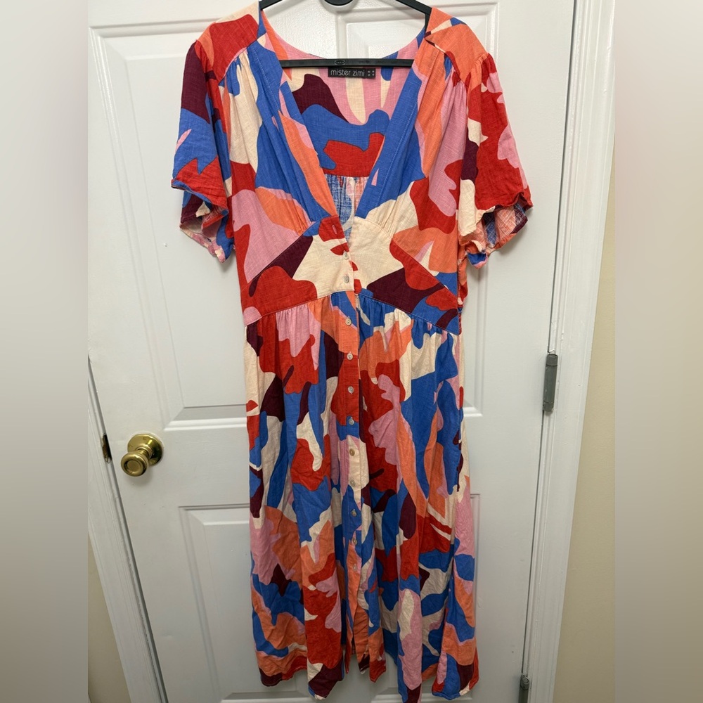 Mister Zimi Multicolor Floral Maxi Dress Sz 12 Linen Blend Flowy